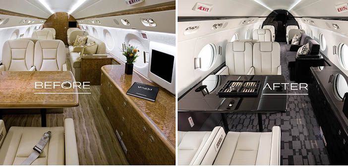 A Gulfstream cabin before and after a redesign