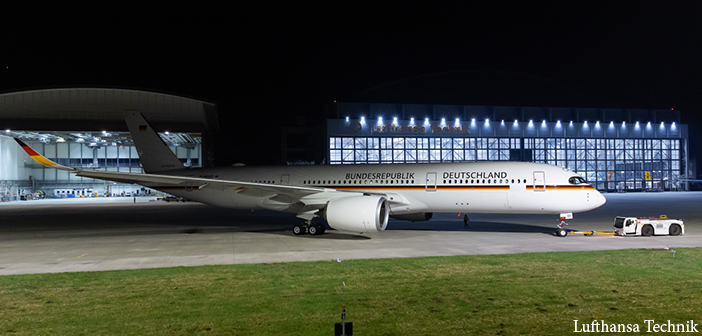 The second of three A350-900s operated by the German Ministry of Defense’s Special Air Mission Wing has arrived at Lufthansa Technik for cabin completion