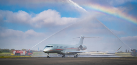 One of VistaJet’s new Global 7500 aircraft receives a water salute on arrival in Malta