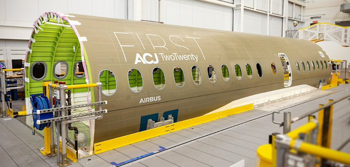 The first ACJ TwoTwenty fuselage section has arrived at the final assembly line