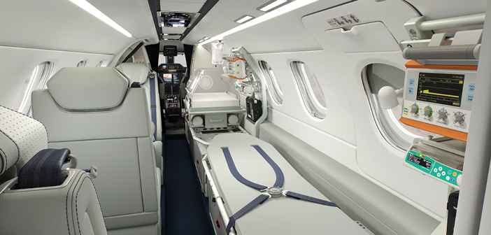 Embraer's Phenom 300MED interior with stretcher and incubator