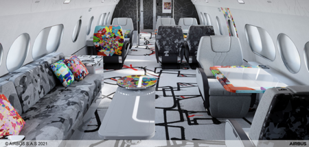 The business lounge in the ACJ TwoTwenty special cabin edition by Cyril Kongo