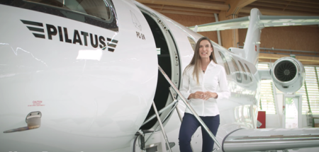 Marta Esquer Cerezo, project manager for Pilatus, gives a tour of the PC-24 cabin