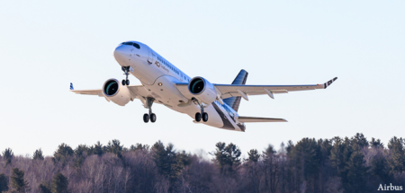 The first ACJ TwoTwenty aircraft takes off from Mirabel airport. Image: Airbus