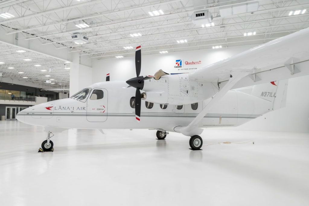 Exterior view of the Cessna SkyCourier turboprop in a hangar