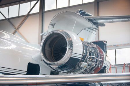 Maintenance of a jet aircraft in a large hangar