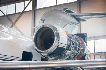 Maintenance of a jet aircraft in a large hangar