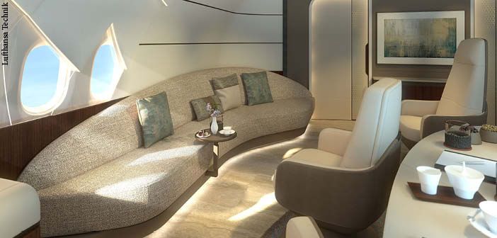 A divan area in the VIP BBJ 777-9 cabin design