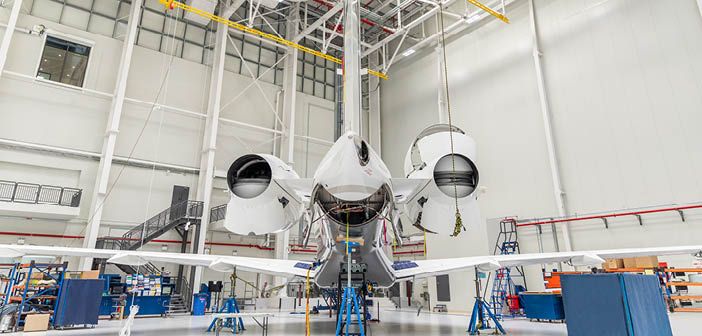 business jet in maintenance hangar