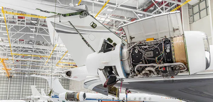 business jet in maintenance hangar