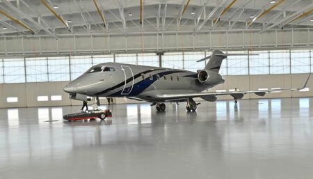 Business jet in hangar