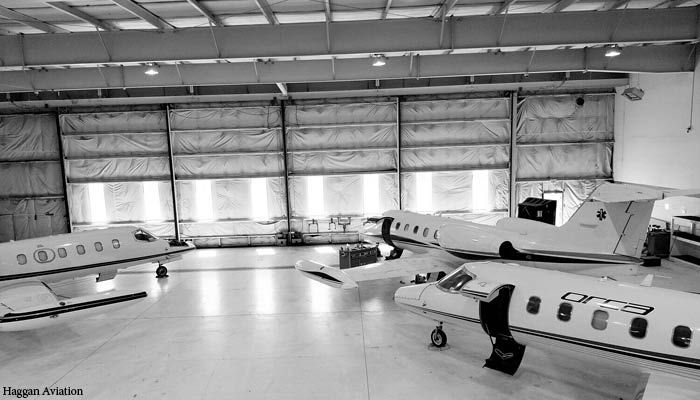 business jets in hangar