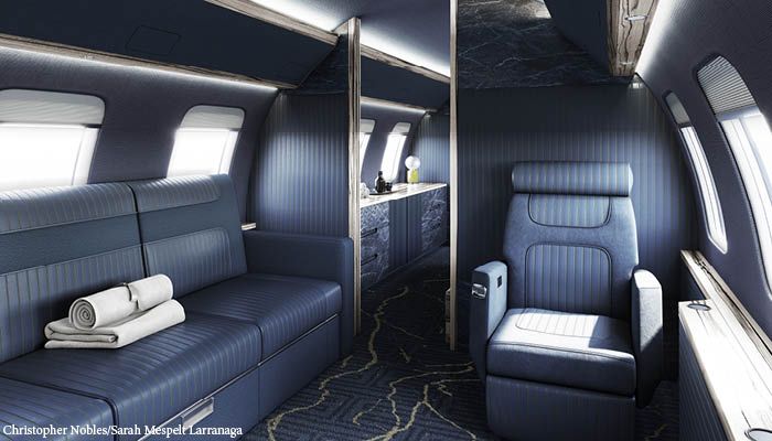 Global 7500 interior - area with divan and seats in blue tones