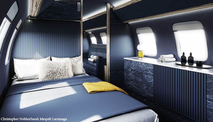 Global 7500 bedroom with bed in blue tones