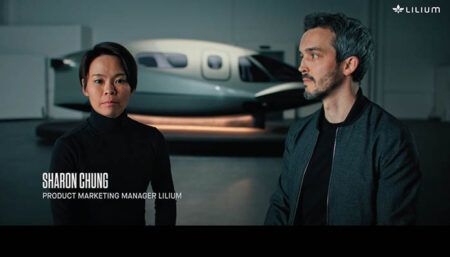 Sharon Chung and Thomas Vanicek in front of Lilium Jet mockup