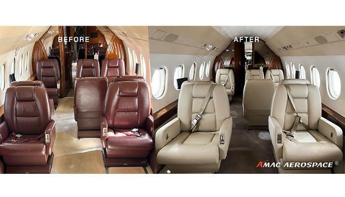 before and after views of refurbished aircraft interior