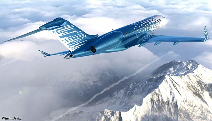 business jet flying over snowy mountains