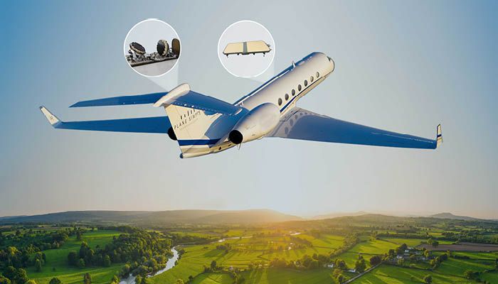 flying aircraft with cutouts zooming in on the antenna technology