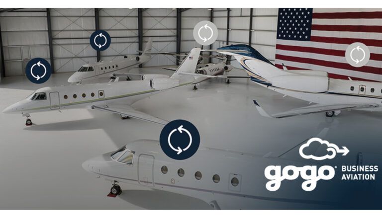 Five business aircraft in hangar with update symbols overlaid
