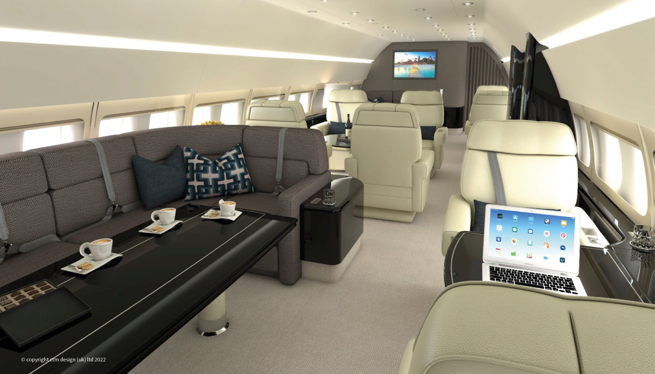 business jet cabin with divan and seats