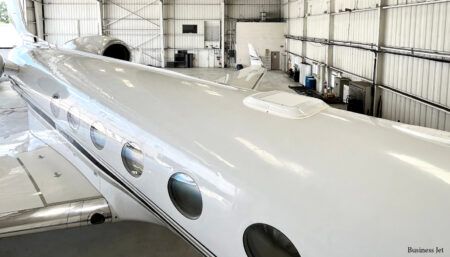 View of top of business jet with terminal installed