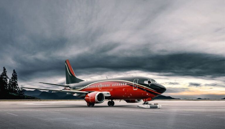 Boeing 737 exterior with red and black livery