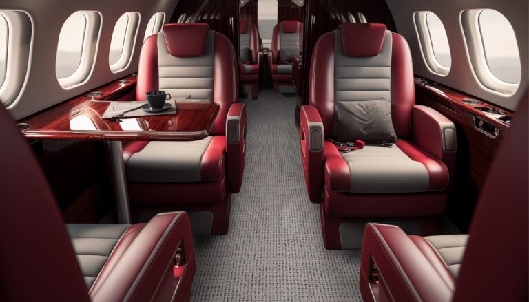 business jet interior with red and grey seats