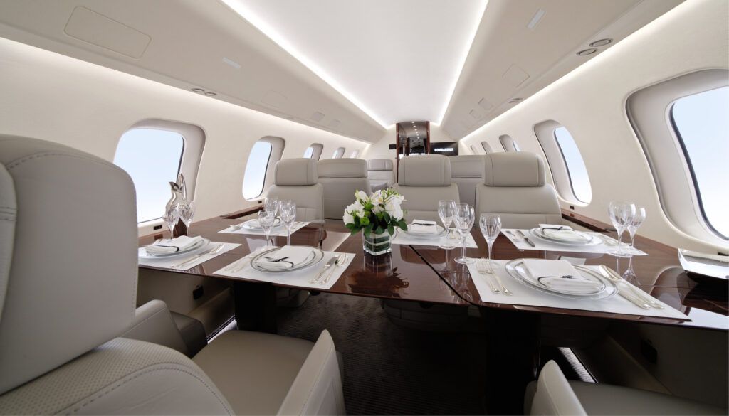 Bombardier Global 7500 interior with 6-place table set for dining