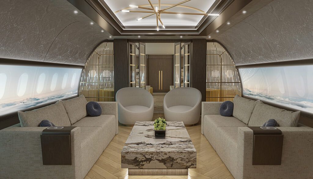 VIP aircraft interior concept with divans and seats around a table