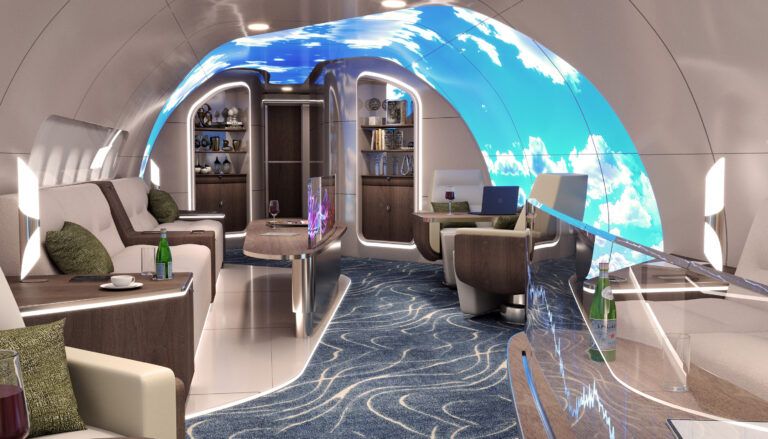 VIP aircraft interior concept with various seating areas, tables, bar area at back, and helix canopy structure created with OLED screens - day view