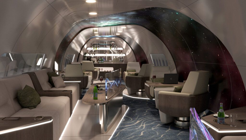 VIP aircraft interior concept with various seating areas, tables, bar area at back and helix canopy structure created with OLED screens - night view