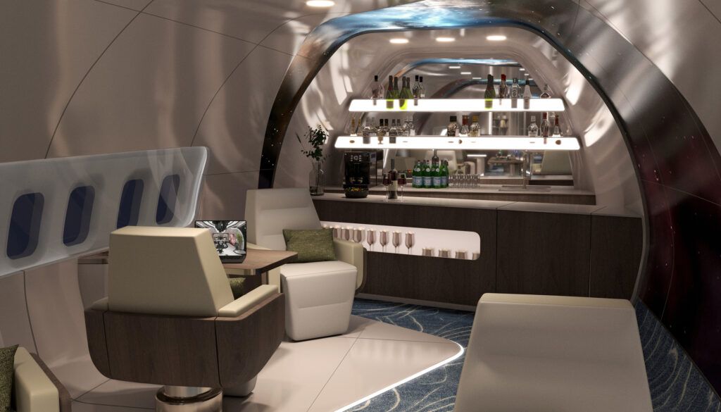 VIP aircraft interior concept - seats in front of a bar area