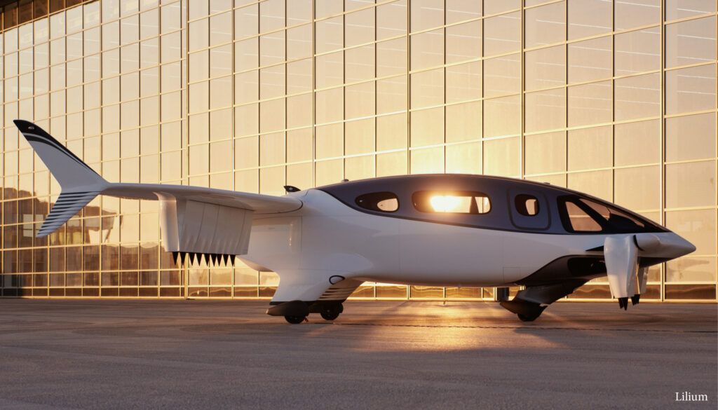 Lilium Jet exterior in front of glass-fronted building