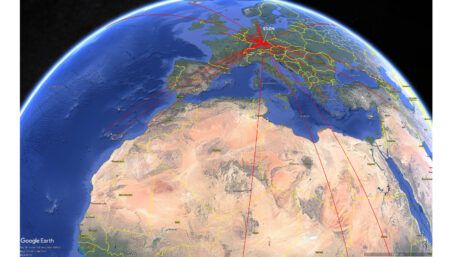 Google Earth map with red route lines showing range of service