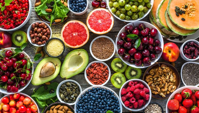 selection of fruits, nuts and seeds