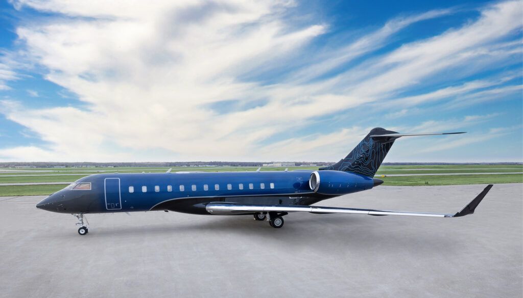 Aircraft exterior with grey and blue paint scheme