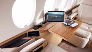 business jet cabin with screens