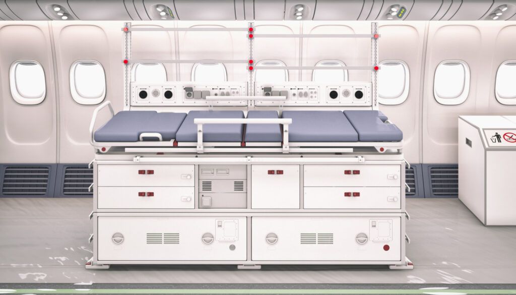 medical stretcher and equipment on aircraft