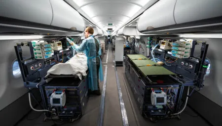 aircraft with medical stretchers, equipment and attendants