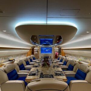VIP aircraft with seats around a dining table