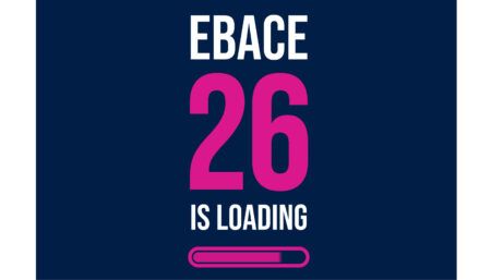 Blue background with text in white and pink, reading 'EBACE 26 is loading', with loading bar graphic below.