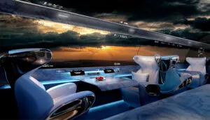 Futuristic VIP aircraft concept with sidewall screens and chairs with winged headrests