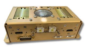Gold-coloured metal electronic enclosure with multiple connection interfaces