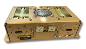Gold-coloured metal electronic enclosure with multiple connection interfaces