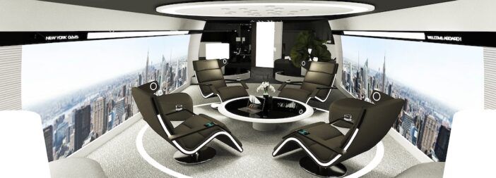 Futuristic aircraft lounge with black chairs around central table, panoramic city skyline displayed on sidewalls