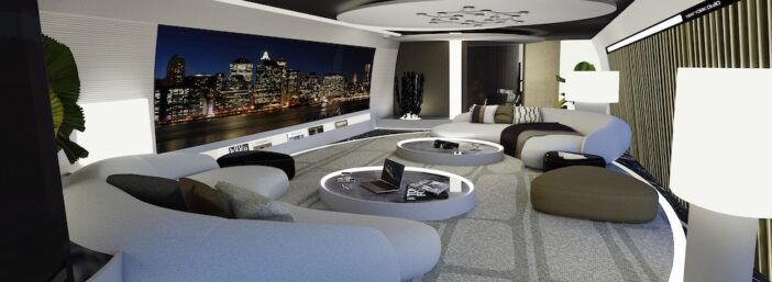 Contemporary lounge space on aircraft with curved white furniture, large city skyline shown on sidewall displays, and modern details