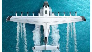 Bird’s eye view of amphibious flying boat on water