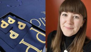 Close-up of golden embroidered letter "P" on navy blue fabric next to Kate Montgomery’s portrait
