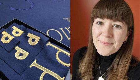 Close-up of golden embroidered letter "P" on navy blue fabric next to Kate Montgomery’s portrait