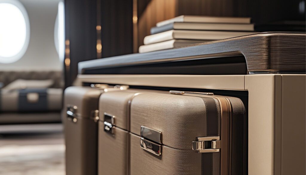 Luxury travel cases in dedicated luggage bay within sideboard, with books stacked on top, aircraft divan and windows visible in background